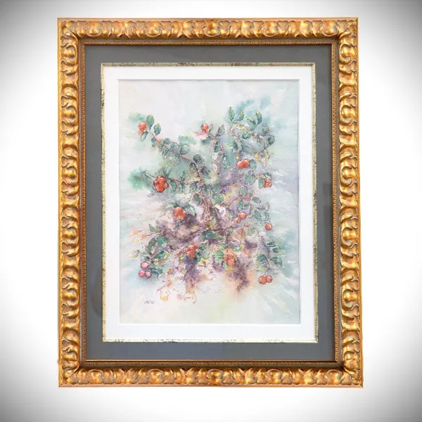 Gerahmtes Aquarell mit Preiselbeermotiv, signiert „JL 72“, im goldfarbenen Rahmen mit grauem Passepartout